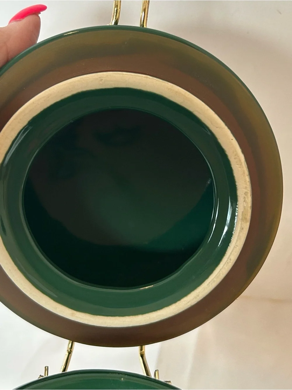 Gevalia Kaffe Canister Hinged Clamped Dark Green Gold Ceramic Holds 1 Lb